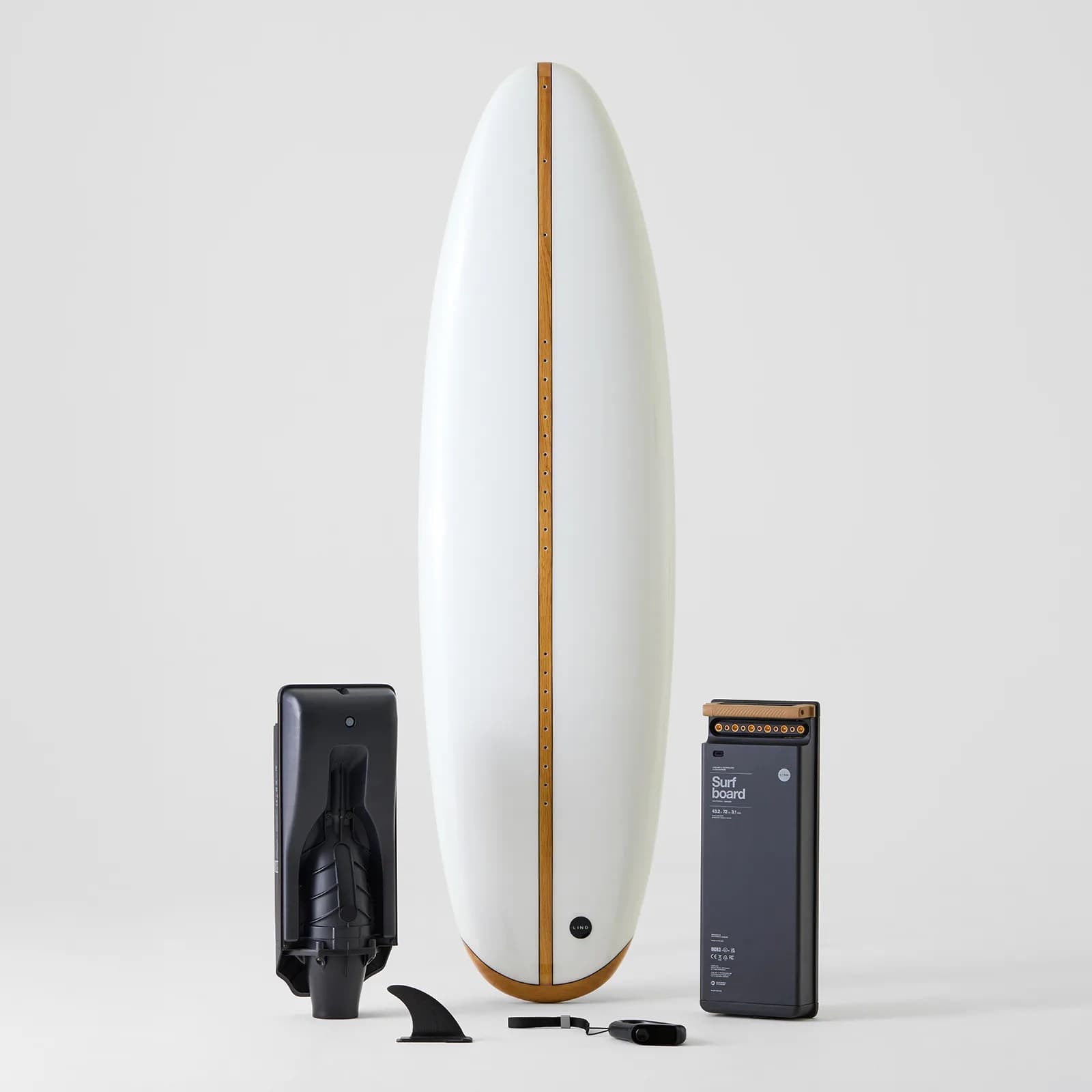 Lind electric surfboard standing upright with its jet drive, fin, leash and battery pack